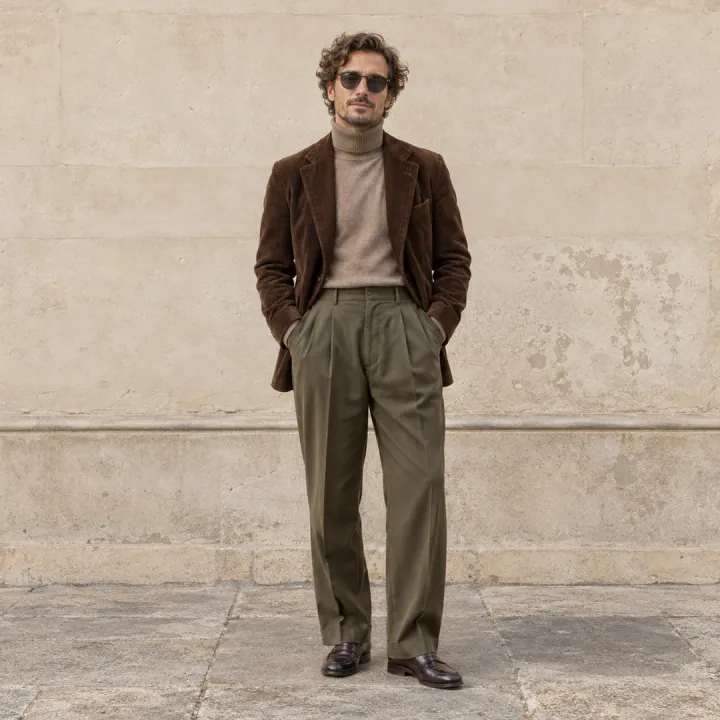 Foto ilustrativa: homem de óculos escuros, blazer marrom e calça verde-oliva.